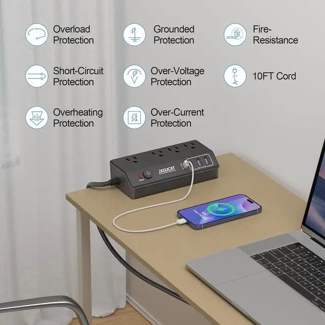 Alt view image 7 of 7 - Desk Clamp Power Strip with USB C,  PD 20W Fast Charging Power Station, Removable Desk Clamp Mount Power Strip Surge Protector, 10 ft Cord with 4 Outlet 4 USB Ports, Fit 1.8" Tabletop Edge Black