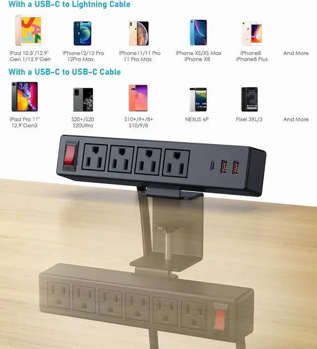 Alt view image 6 of 7 - 2 in 1 Dual Layer Desk Clamp Power Strip,Desktop Edge Power Strip,Removable Clamp Power Outlet Socket 6AC Outlets with Switch & 4 AC Outlets 2 USB-A Ports,1 USB-C Port,10 ft Extension Cord