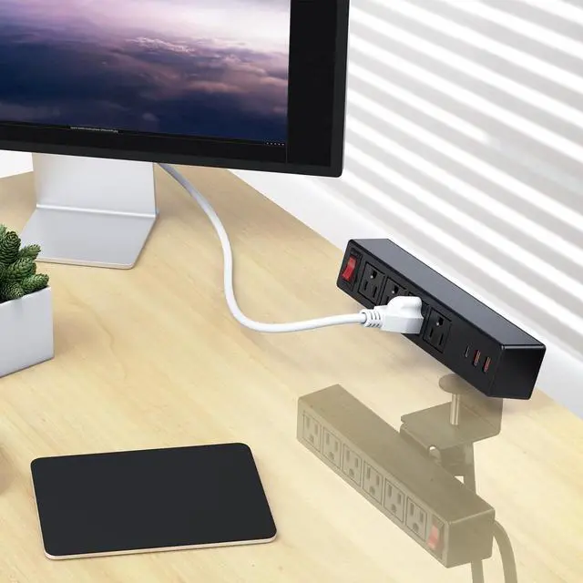 Alt view image 4 of 7 - 2 in 1 Dual Layer Desk Clamp Power Strip,Desktop Edge Power Strip,Removable Clamp Power Outlet Socket 6AC Outlets with Switch & 4 AC Outlets 2 USB-A Ports,1 USB-C Port,10 ft Extension Cord