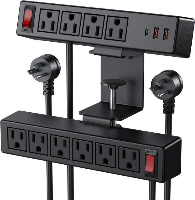 Main image of 2 in 1 Dual Layer Desk Clamp Power Strip,Desktop Edge Power Strip,Removable Clamp Power Outlet Socket 6AC Outlets with Switch & 4 AC Outlets 2 USB-A Ports,1 USB-C Port,10 ft Extension Cord