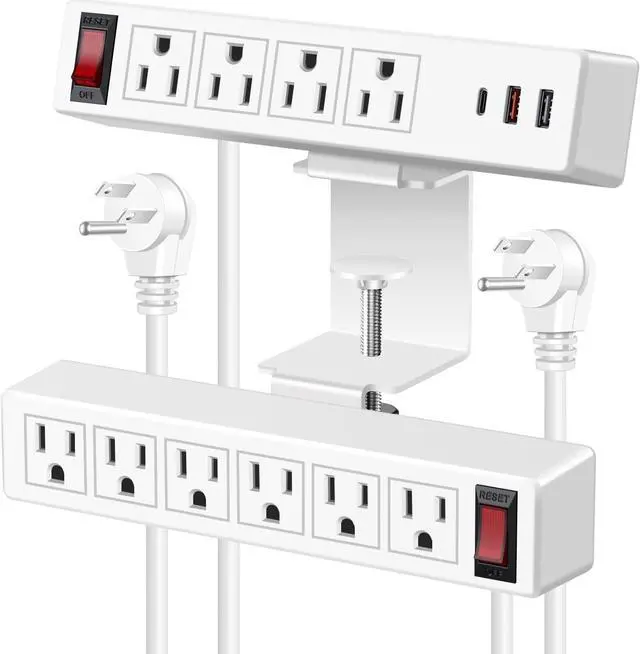 Main image of 2 in 1 Dual Layer Desk Clamp Power Strip,Desktop Edge Power Strip,Removable Clamp Power Outlet Socket 6AC Outlets with Switch & 4 AC Outlets 2 USB-A Ports,1 USB-C Port,10 ft Extension Cord White