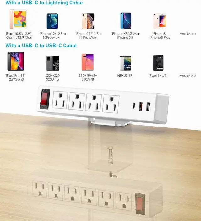 Alt view image 7 of 7 - 2 in 1 Dual Layer Desk Clamp Power Strip,Desktop Edge Power Strip,Removable Clamp Power Outlet Socket 6AC Outlets with Switch & 4 AC Outlets 2 USB-A Ports,1 USB-C Port,10 ft Extension Cord White