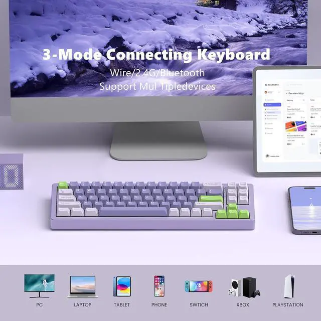 Alt view image 3 of 6 - 75% Gaming Keyboard, Aluminum Alloy Shell Wireless Mechanical Keyboard Bluetooth/2.4G/Wired Hot Swappable White Jade Switches, Gasket Mounted RGB Creamy Keyboard for Mac/Win, Purple