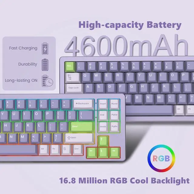 Alt view image 4 of 6 - 75% Gaming Keyboard, Aluminum Alloy Shell Wireless Mechanical Keyboard Bluetooth/2.4G/Wired Hot Swappable White Jade Switches, Gasket Mounted RGB Creamy Keyboard for Mac/Win, Purple