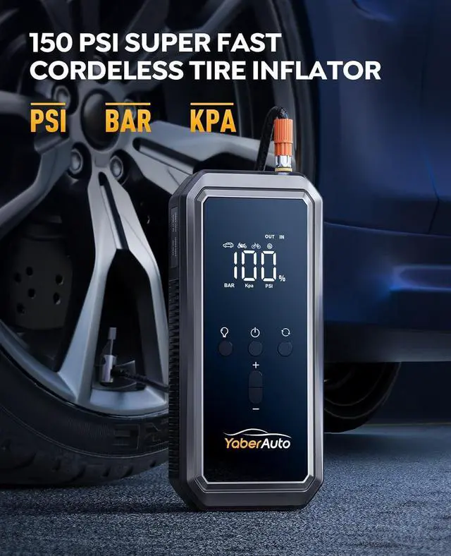 Alt view image 3 of 6 - Portable Car Jump Starter with Air Compressor, 150PSI 3000A Car Battery Jump Starter (9.0 Gas/8.0L Diesel), 12V Jump Box Car Battery Jumper Starter with Large LCD Display, Lights