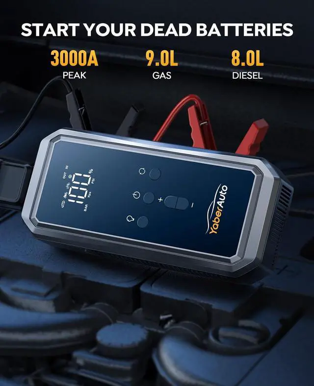 Alt view image 2 of 6 - Portable Car Jump Starter with Air Compressor, 150PSI 3000A Car Battery Jump Starter (9.0 Gas/8.0L Diesel), 12V Jump Box Car Battery Jumper Starter with Large LCD Display, Lights