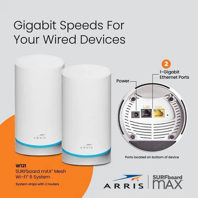 Alt view image 2 of 6 - ARRIS SURFboard mAX W121 Tri-Band Mesh Wi-Fi 6 System, AX6600 Speeds up to 6.6 Gbps, Coverage up to 5,500 sq ft, 4.8 Gbps Backhaul, Two 1 Gbps Ports per Node, Alexa Support