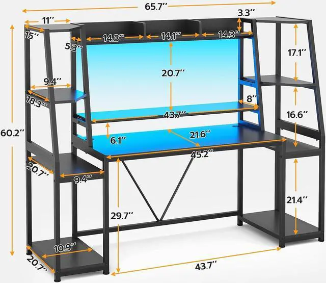 Alt view image 2 of 7 - 65.7'' Gaming Desk with LED Lights, Hutch and Storage Shelves, Computer Desk with Monitor Stand, Large PC Gamer Desk Workstation, Ergonomic Gaming Table for Bedroom, Living Room, Black