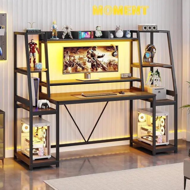 Alt view image 3 of 7 - 65.7'' Gaming Desk with LED Lights, Hutch and Storage Shelves, Computer Desk with Monitor Stand, Large PC Gamer Desk Workstation, Ergonomic Gaming Table for Bedroom, Living Room, Black