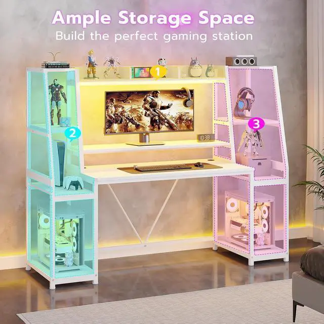 Alt view image 6 of 7 - 65.7'' Gaming Desk with LED Lights, Hutch and Storage Shelves, Computer Desk with Monitor Stand, Large PC Gamer Desk Workstation, Ergonomic Gaming Table for Bedroom, Living Room, White