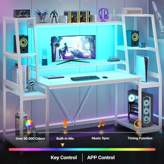 Alt view image 5 of 7 - 65.7'' Gaming Desk with LED Lights, Hutch and Storage Shelves, Computer Desk with Monitor Stand, Large PC Gamer Desk Workstation, Ergonomic Gaming Table for Bedroom, Living Room, White