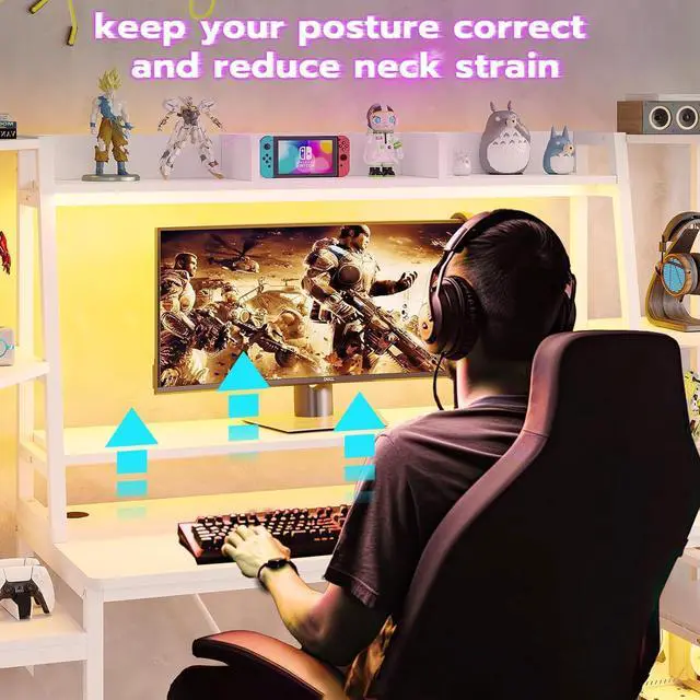 Alt view image 7 of 7 - 65.7'' Gaming Desk with LED Lights, Hutch and Storage Shelves, Computer Desk with Monitor Stand, Large PC Gamer Desk Workstation, Ergonomic Gaming Table for Bedroom, Living Room, White