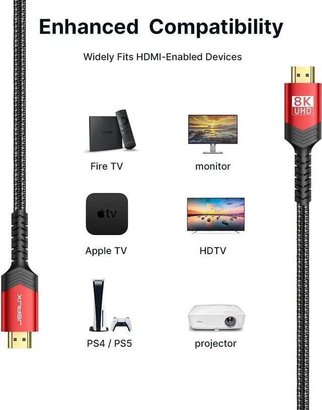 Alt view image 6 of 6 - 8K HDMI Cable 2 Pack 15ft, 48Gbps High Speed HDMI 2.1 Braided HDMI Cord, 4K 120Hz 144Hz, 8K 60Hz, Dynamic HDR, DTS:X, 2K, 1080P, 3D, eARC Compatible for Laptop UHD TV Gaming Monitor PS5 PS4