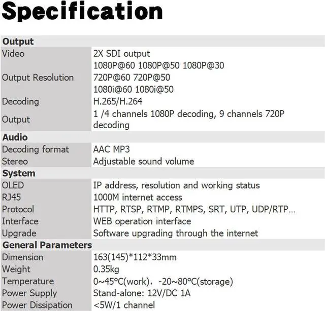 Alt view image 3 of 7 - HD 3G SDI Decoder IP Streaming to HD-SDI Audio Video Decoder H.265 H.264 Stream Decoder