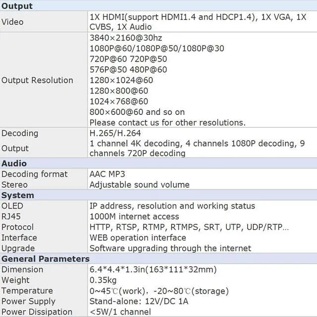 Alt view image 6 of 6 - H.265 4K HDMI VGA CVBS Video Audio Decoder, IP Streaming Decoder, LCD HTTP RTSP RTMP RTMPS SRT UTP UDP/RTP, Support 1/4/9ch Decoding Live Broadcast Platform YouTube Ustream Twitter Facebook