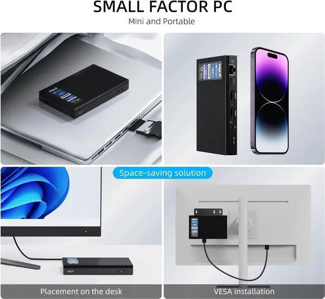 Alt view image 6 of 7 - Fanless Mini PC Windows 11 Pro 16GB DDR4 512GB ROM Micro PC Alder Lake N100(up to 3.4GHz) Small Form Factor PC USB-C 2 X HDMI 4K@60 Triple Display Desktop Computers with VESA Mount