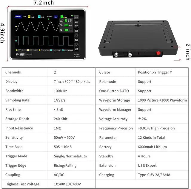 Alt view image 3 of 6 - Portable Handheld Tablet Oscilloscope with 100X High Voltage Probe, 2 Channels 100Mhz Bandwidth 1GSa/s Sampling Rate 7" TFT LCD Touch Screen