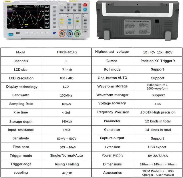 Alt view image 2 of 6 - 2 in 1 Digital Oscilloscope DDS Signal Generator, 100X High Voltage Probe, 2 Channels 100Mhz Bandwidth 1GSa/s Sampling Rate Built-in 1GB Storage Space