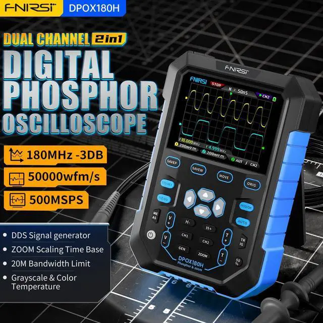 Alt view image 2 of 7 - 2 Channels Digital Phosphor Oscilloscope, 2 in 1 Handheld Oscilloscope DDS Signal Generator, 180Mhz Bandwidth 500MSa/s Sampling Rate, Innovative Digital Trigger System