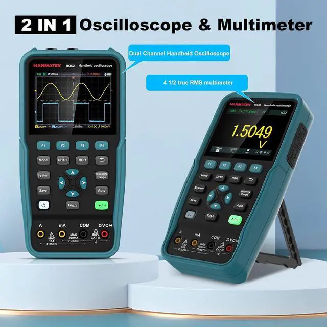 Alt view image 3 of 6 - Handheld Digital Oscilloscope 50Mhz Bandwidth with 2 Channels HO52 3.5"TFT Mini Oscilloscope, 2 in 1 Oscilloscope and Multimeter, Backlit Screen, Auto-Calibration Function, Memory Function