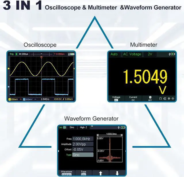 Alt view image 2 of 7 - 3 in 1 Handheld Oscilloscope Multimeter 100Mhz Waveform Generator Oscilloscope with 2 Channels 3.5"TFT, HO102S Professional oscilloscope Multimeter with Memory Function