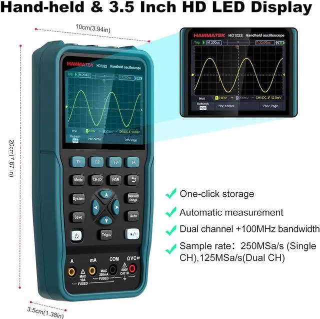 Alt view image 3 of 7 - 3 in 1 Handheld Oscilloscope Multimeter 100Mhz Waveform Generator Oscilloscope with 2 Channels 3.5"TFT, HO102S Professional oscilloscope Multimeter with Memory Function