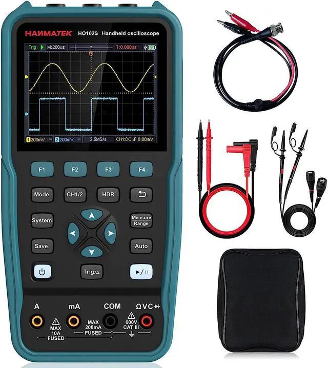 Main image of 3 in 1 Handheld Oscilloscope Multimeter 100Mhz Waveform Generator Oscilloscope with 2 Channels 3.5"TFT, HO102S Professional oscilloscope Multimeter with Memory Function