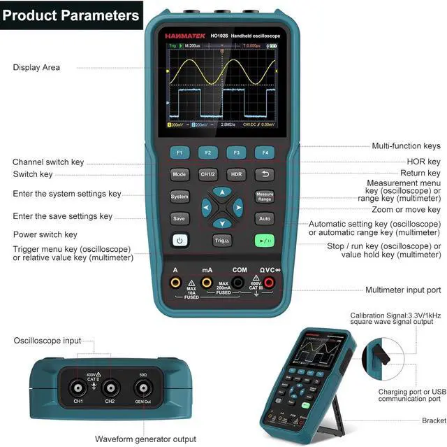 Alt view image 4 of 7 - 3 in 1 Handheld Oscilloscope Multimeter 100Mhz Waveform Generator Oscilloscope with 2 Channels 3.5"TFT, HO102S Professional oscilloscope Multimeter with Memory Function