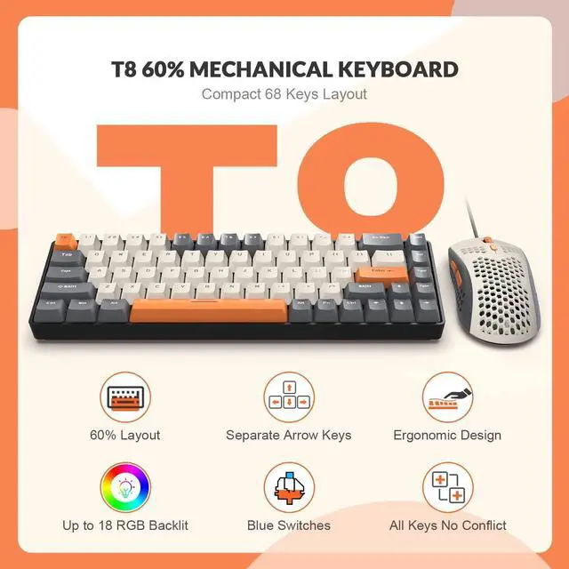 Alt view image 4 of 6 - 60% RGB Gaming Keyboard and Mouse Combo,Wired Mechanical Keyboard,68 Keys TKL Compact Mini Layout,Honeycomb Gaming Mouse,Up to 6400DPI,for PC MAC PS5 Xbox,Black Grey