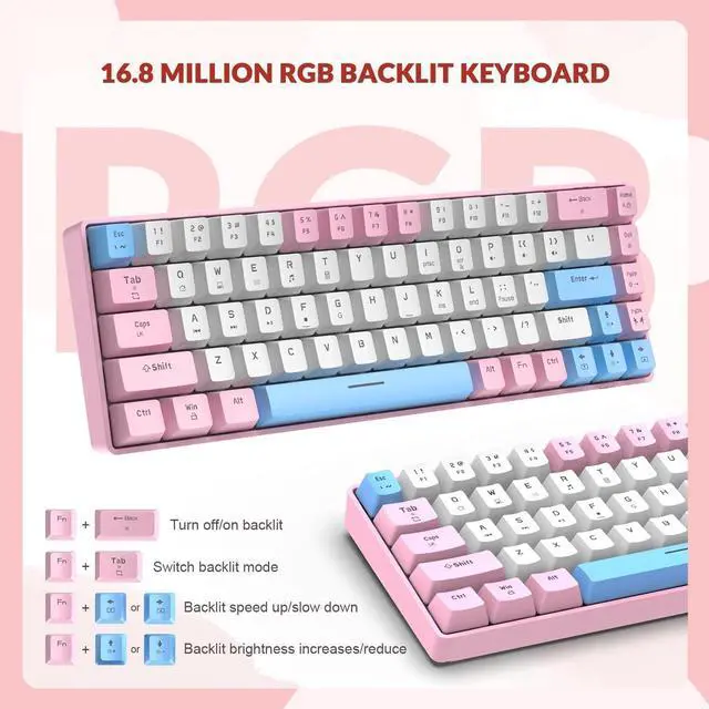 Alt view image 3 of 6 - 60% RGB Gaming Keyboard and Mouse Combo,Wired Mechanical Keyboard,68 Keys TKL Compact Mini Layout,Honeycomb Gaming Mouse,Up to 6400DPI,for PC MAC PS5 Xbox,Pink / White