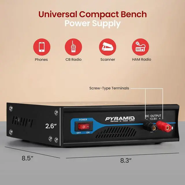 Alt view image 2 of 6 - Pyle Universal Compact Bench Power Supply - 30 Amp Regulated Home Lab Benchtop AC-to-DC Converter w/ 13.8 Volt DC 115/230V AC Switchable, Screw Type Terminals, Cooling Fan