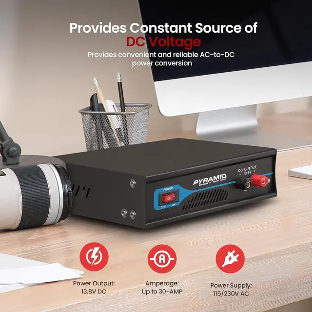 Alt view image 3 of 6 - Pyle Universal Compact Bench Power Supply - 30 Amp Regulated Home Lab Benchtop AC-to-DC Converter w/ 13.8 Volt DC 115/230V AC Switchable, Screw Type Terminals, Cooling Fan
