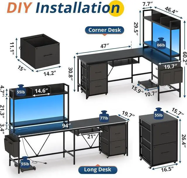 Alt view image 3 of 7 - 67" L Shaped Gaming Desk, Reversible Corner Computer Desk with Power Outlet & Led Strip Home Office Desks Drawer File Cabinet Keyboard Tray - Black