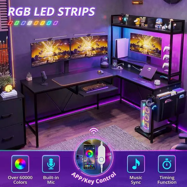 Alt view image 4 of 7 - 67" L Shaped Gaming Desk, Reversible Corner Computer Desk with Power Outlet & Led Strip Home Office Desks Drawer File Cabinet Keyboard Tray - Black