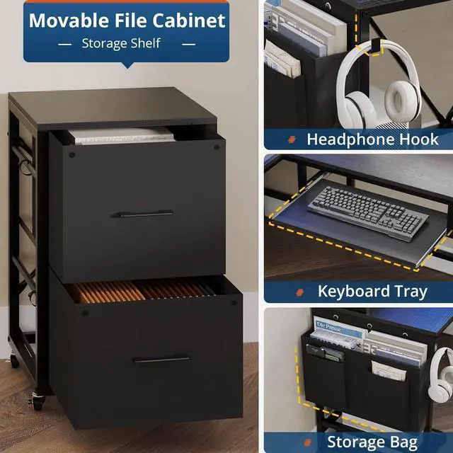 Alt view image 5 of 7 - 67" L Shaped Gaming Desk, Reversible Corner Computer Desk with Power Outlet & Led Strip Home Office Desks Drawer File Cabinet Keyboard Tray - Black