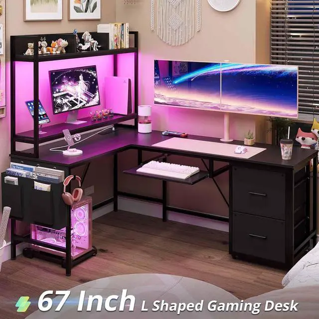 Main image of 67" L Shaped Gaming Desk, Reversible Corner Computer Desk with Power Outlet & Led Strip Home Office Desks Drawer File Cabinet Keyboard Tray - Black