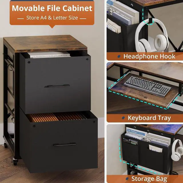 Alt view image 5 of 7 - 67" L Shaped Gaming Desk, Reversible Corner Computer Desk with Power Outlet & Led Strip Home Office Desks Drawer File Cabinet Keyboard Tray - Rustic Brown