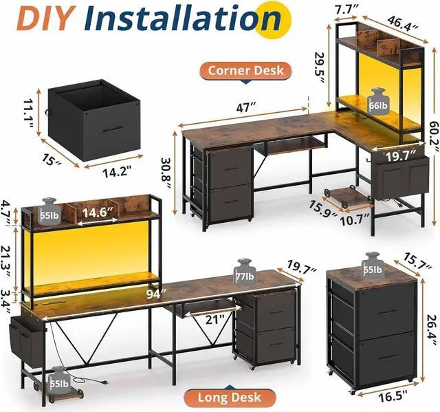 Alt view image 3 of 7 - 67" L Shaped Gaming Desk, Reversible Corner Computer Desk with Power Outlet & Led Strip Home Office Desks Drawer File Cabinet Keyboard Tray - Rustic Brown