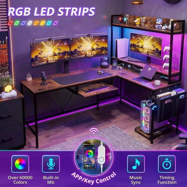 Alt view image 4 of 7 - 67" L Shaped Gaming Desk, Reversible Corner Computer Desk with Power Outlet & Led Strip Home Office Desks Drawer File Cabinet Keyboard Tray - Rustic Brown