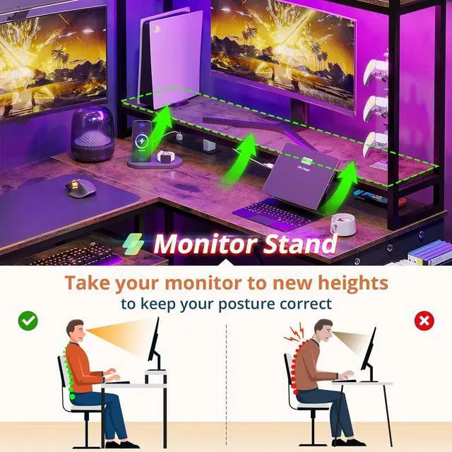 Alt view image 7 of 7 - 67" L Shaped Gaming Desk, Reversible Corner Computer Desk with Power Outlet & Led Strip Home Office Desks Drawer File Cabinet Keyboard Tray - Rustic Brown