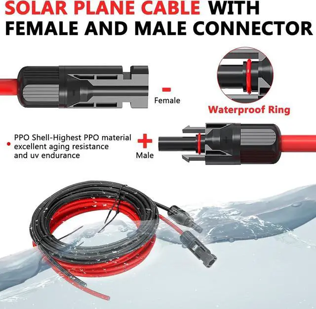 Alt view image 3 of 6 - Solar Panel Extension Cable, 40 Feet 10AWG Solar Extension Cable Kit with Female & Male Waterproof Connectors for RV, Photovoltaic Systems