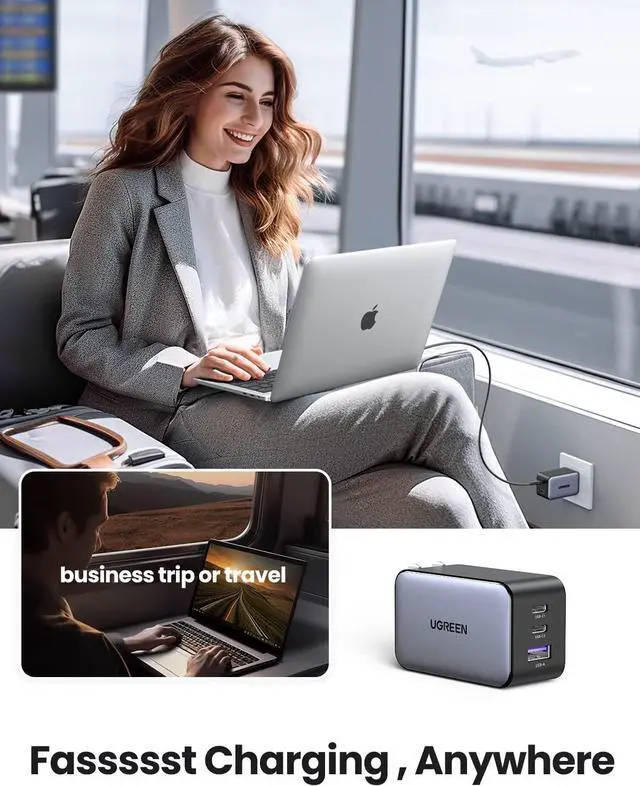 Alt view image 4 of 7 - UGREEN 65W USB C Charger, Nexode 3 Ports GaN Fast Charger Block, Compact Foldable Charger for MacBook Pro/Air, Dell XPS, iPhone 15 Pro Max/14/13, iPad Pro, Galaxy S24/S23, Pixel 8, Steam Deck - Black