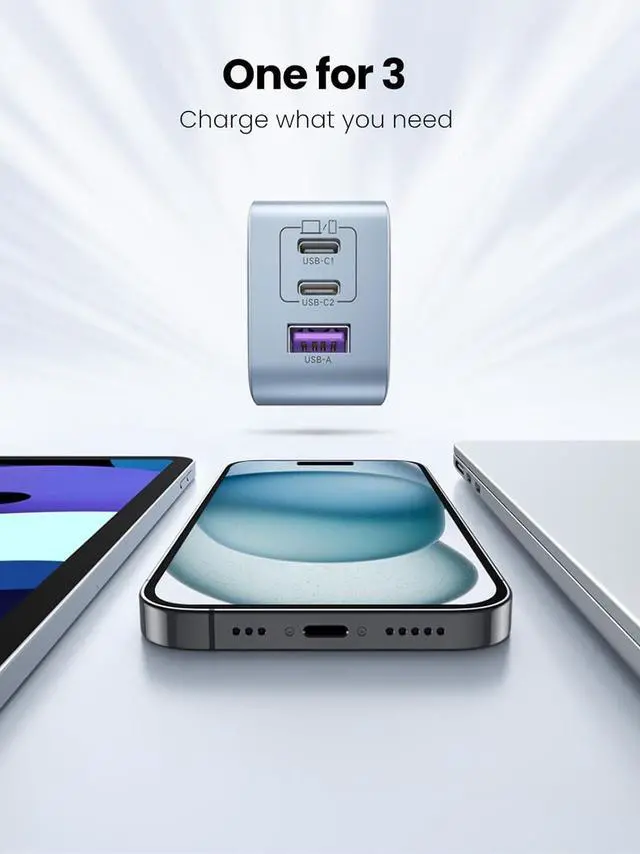Alt view image 4 of 7 - UGREEN 65W USB C Charger, Nexode 3 Ports GaN Fast Charger Block, Compact Foldable Charger for MacBook Pro/Air, Dell XPS, iPhone 15 Pro Max/14/13, iPad Pro, Galaxy S24/S23, Pixel 8, Steam Deck - Blue