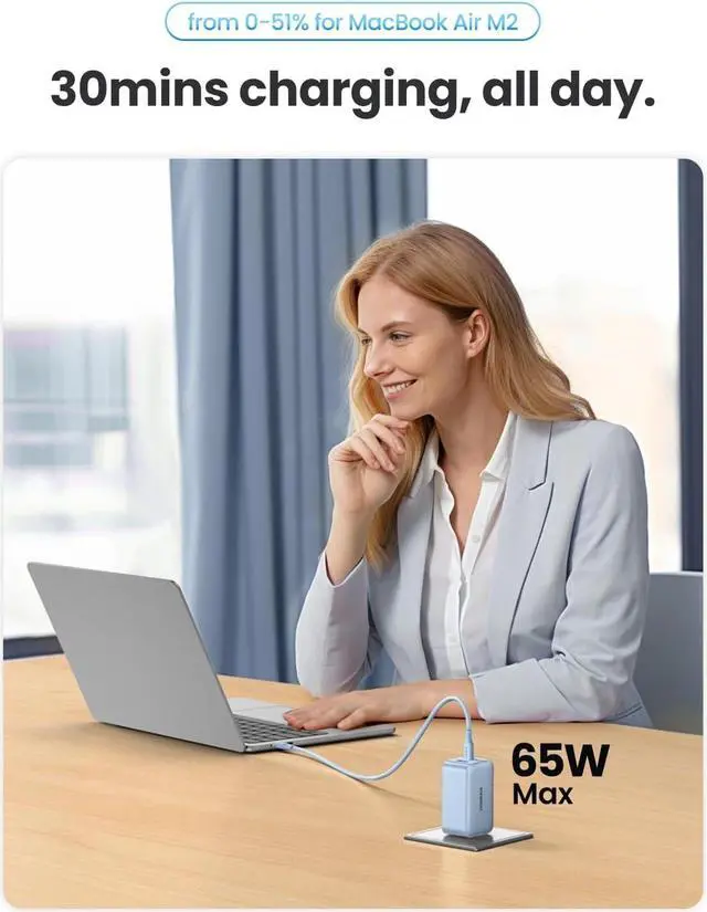 Alt view image 3 of 7 - UGREEN 65W USB C Charger, Nexode 3 Ports GaN Fast Charger Block, Compact Foldable Charger for MacBook Pro/Air, Dell XPS, iPhone 15 Pro Max/14/13, iPad Pro, Galaxy S24/S23, Pixel 8, Steam Deck - Blue