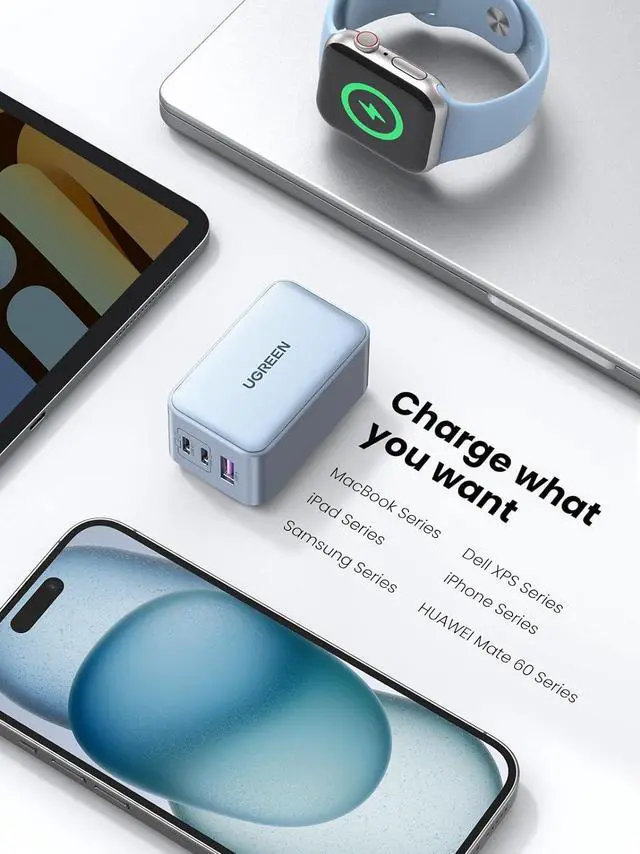 Alt view image 6 of 7 - UGREEN 65W USB C Charger, Nexode 3 Ports GaN Fast Charger Block, Compact Foldable Charger for MacBook Pro/Air, Dell XPS, iPhone 15 Pro Max/14/13, iPad Pro, Galaxy S24/S23, Pixel 8, Steam Deck - Blue