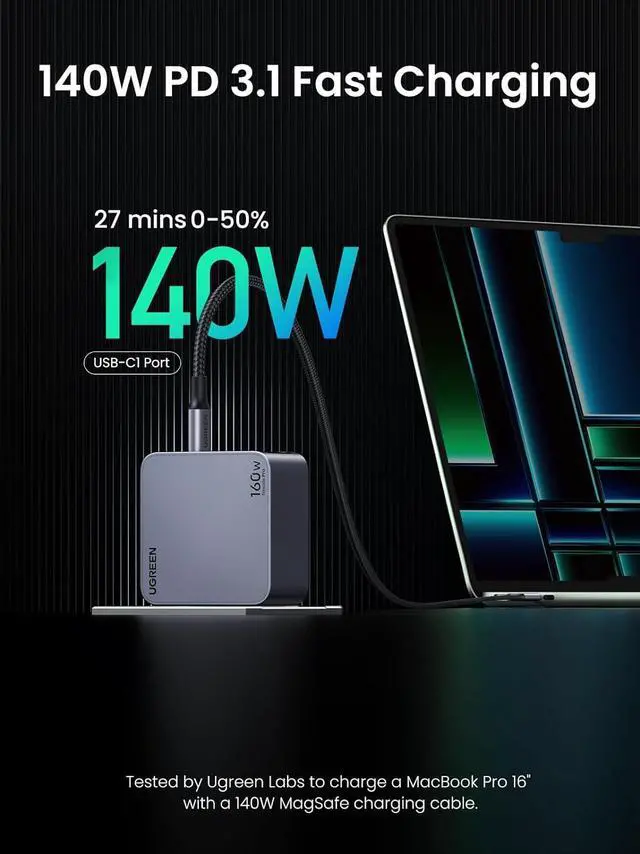 Alt view image 3 of 7 - UGREEN Nexode Pro 160W USB C Charger, 4-Port PD 3.1 GaN Compact Fast PPS Wall Charger for MacBook Pro 16'' M2, Pixelbook, Dell XPS, iPad Pro, iPhone 15 Pro/14, Galaxy S23, Pixel 8, Steam Deck