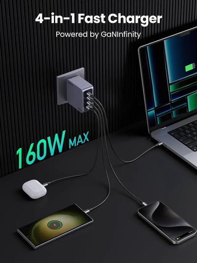 Alt view image 2 of 7 - UGREEN Nexode Pro 160W USB C Charger, 4-Port PD 3.1 GaN Compact Fast PPS Wall Charger for MacBook Pro 16'' M2, Pixelbook, Dell XPS, iPad Pro, iPhone 15 Pro/14, Galaxy S23, Pixel 8, Steam Deck