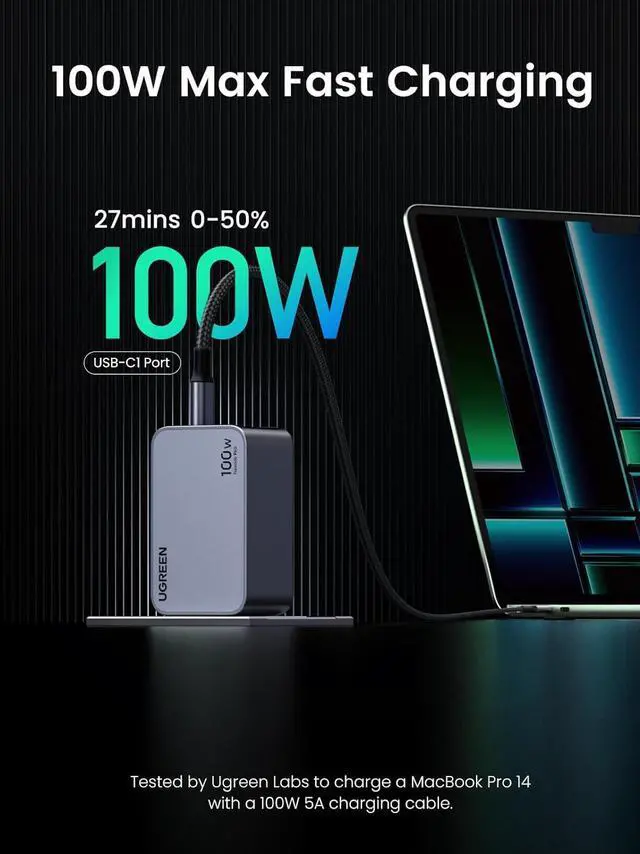 Alt view image 2 of 7 - UGREEN Nexode Pro 100W USB C Charger, 3-Port GaN Compact Fast PPS Wall Charger for MacBook Pro/Air, Pixelbook, iPad Pro, iPhone 15 Pro/14, Galaxy S23/Note20, Pixel 8, Steam Deck and More