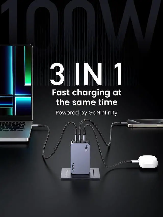 Alt view image 3 of 7 - UGREEN Nexode Pro 100W USB C Charger, 3-Port GaN Compact Fast PPS Wall Charger for MacBook Pro/Air, Pixelbook, iPad Pro, iPhone 15 Pro/14, Galaxy S23/Note20, Pixel 8, Steam Deck and More