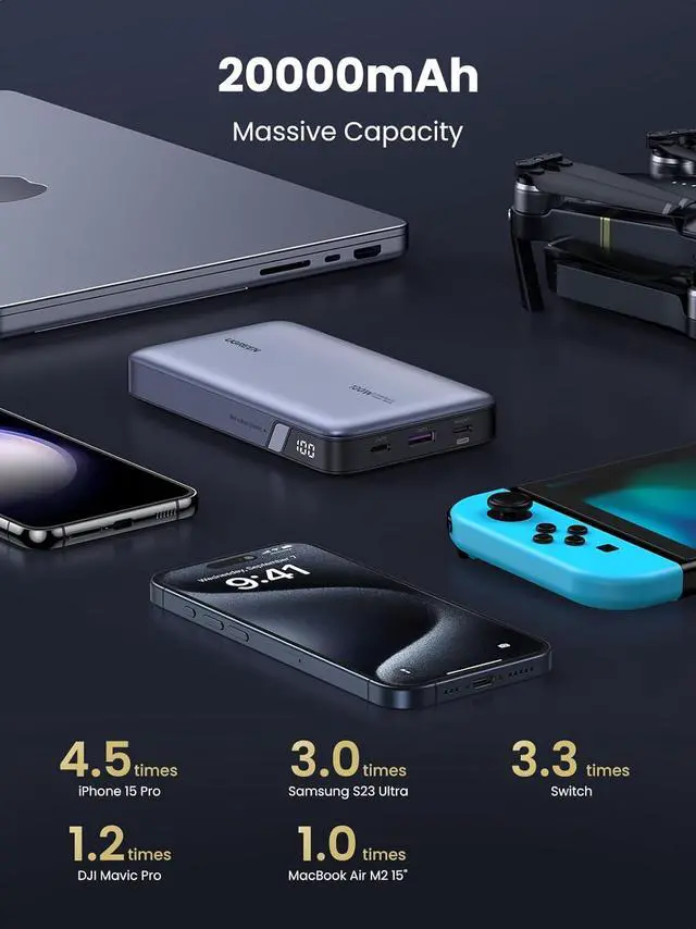Alt view image 4 of 7 - UGREEN 100W 20000mAh Power Bank, Nexode Portable Charger USB C 3-Port PD3.0 Battery Pack Digital Display, Compatible with MacBook Pro, Laptop, iPhone 15/14/13/12 Series, Samsung, AirPods, and More